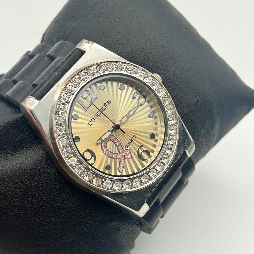 Concepts Breast Cancer Awareness Ribbon Watch Crystal Bezel Black Band Quartz - Picture 3 of 8